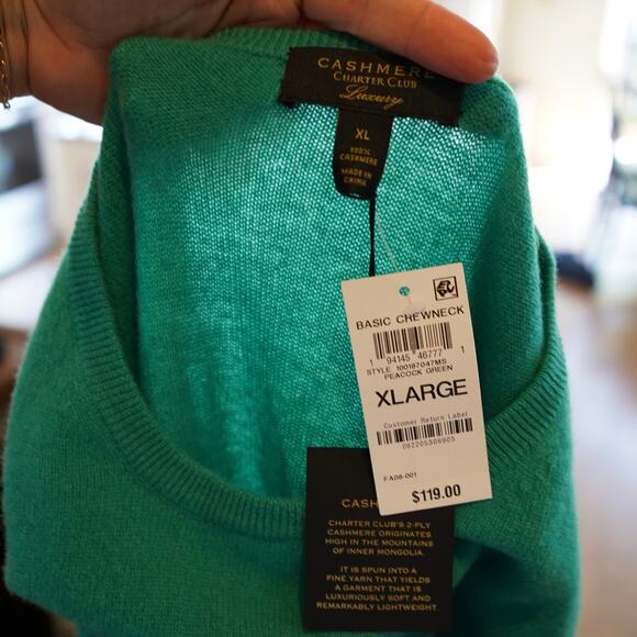 NWT Charter Club Womens Cashmere Crewneck Sweater Pullover Peacock Green Size XL - Picture 3 of 5